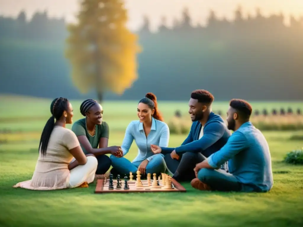 Grupo variado disfruta juegos tradicionales al atardecer en campo, brindando beneficios para ansiedad