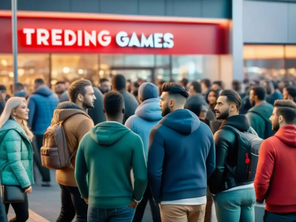 Grupo variado de jugadores ansiosos esperando el lanzamiento de un juego, con un contador digital que muestra la fecha de lanzamiento