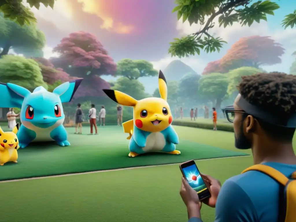 Grupo variado de jugadores concentrados en sus smartphones en un parque, con personajes de Pokémon en realidad aumentada