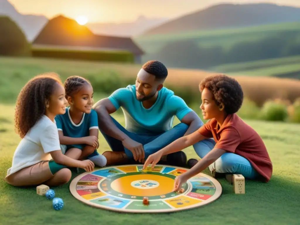 Un grupo variado de niños juega un juego educativo sobre culturas e historia en un campo al atardecer