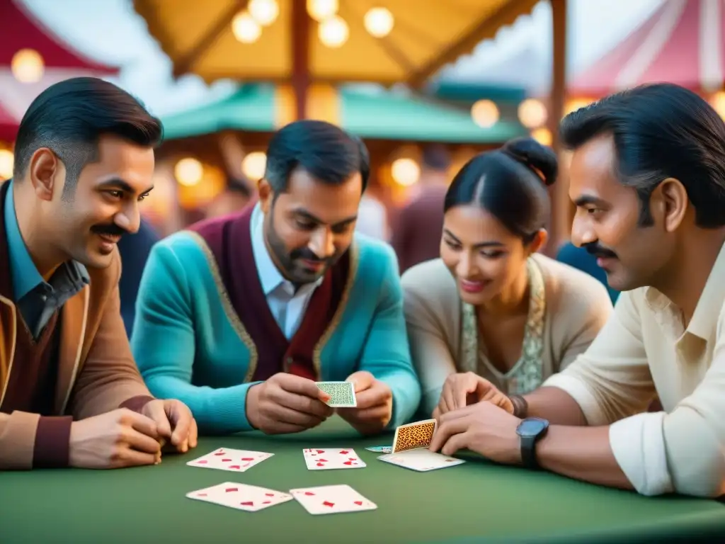 Grupo variado de personas concentradas en un animado juego de cartas en un festival cultural