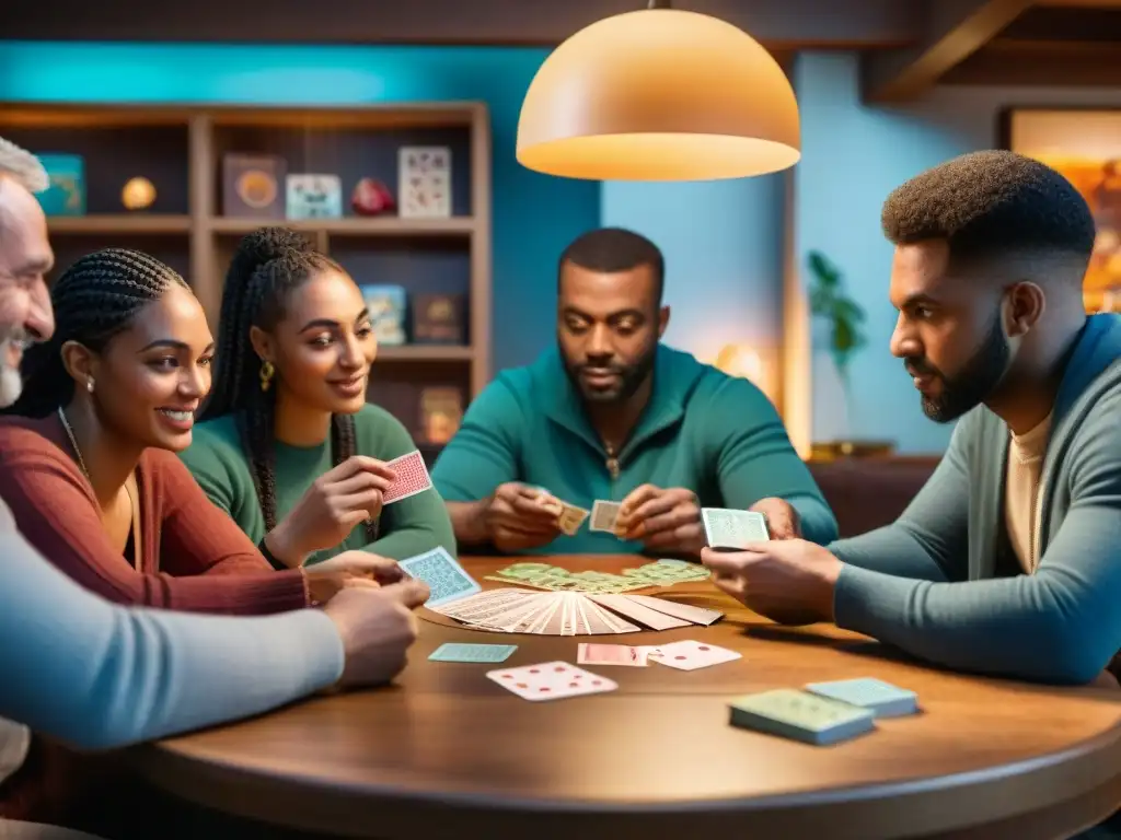 Grupo variado de personas disfrutando de un intenso juego de cartas en un ambiente acogedor, bajo la influencia de juegos de cartas