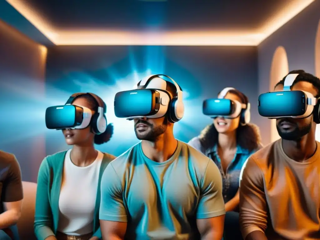 Grupo variado de principiantes disfrutando de la realidad virtual en entornos asombrosos