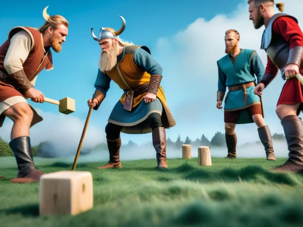 Grupo de vikingos reenactores concentrados en el juego Kubb en un campo soleado