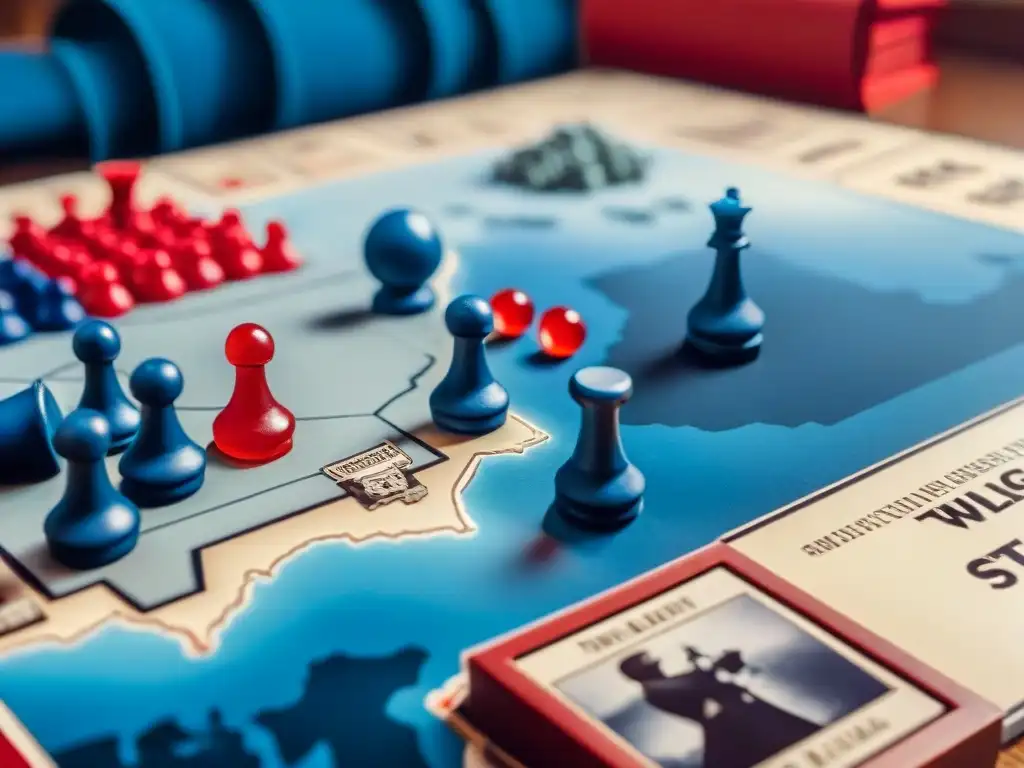 Revivir la Guerra Fría en juegos: Jugadores estratégicos frente a un tablero de Twilight Struggle, rodeados de libros y documentos históricos