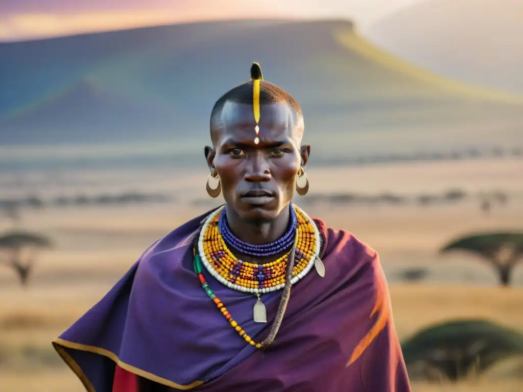 Un guerrero Masái con atuendo tradicional en las llanuras del Serengeti, exhibiendo habilidades ancestrales africanas