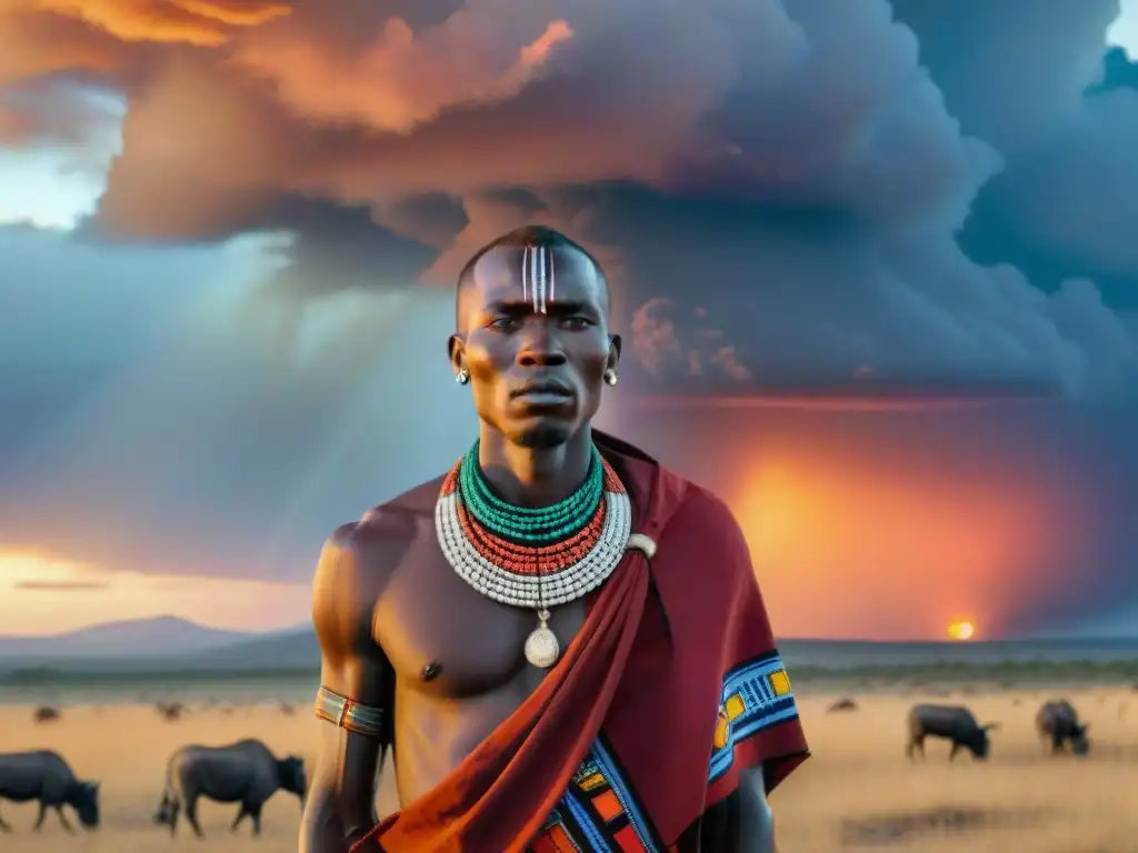 Un guerrero Masai con atuendo tradicional en la vasta llanura del Serengeti al atardecer