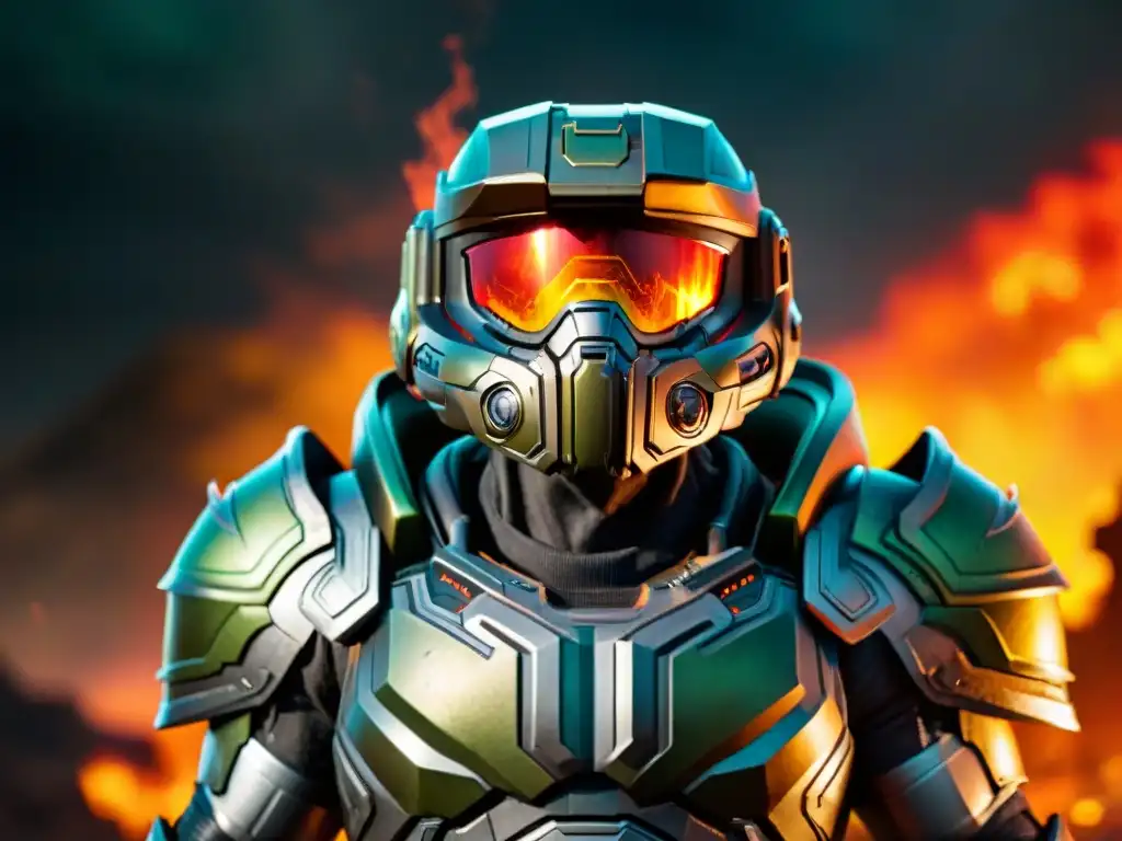 Un guerrero determinado del juego 'Doom Eternal', con armadura detallada y paisajes infernales, destacando la entrega