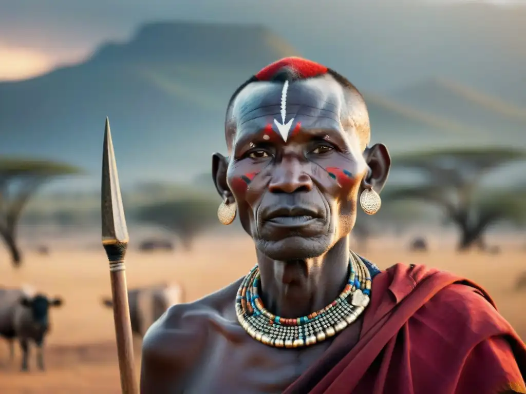 Un guerrero Maasai anciano en atuendo tradicional, con cuentas y lanza, bajo el sol africano