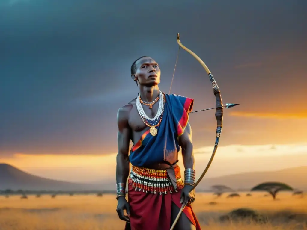 Un guerrero Maasai en atuendo tradicional, con arco y flecha, en la sabana africana al atardecer