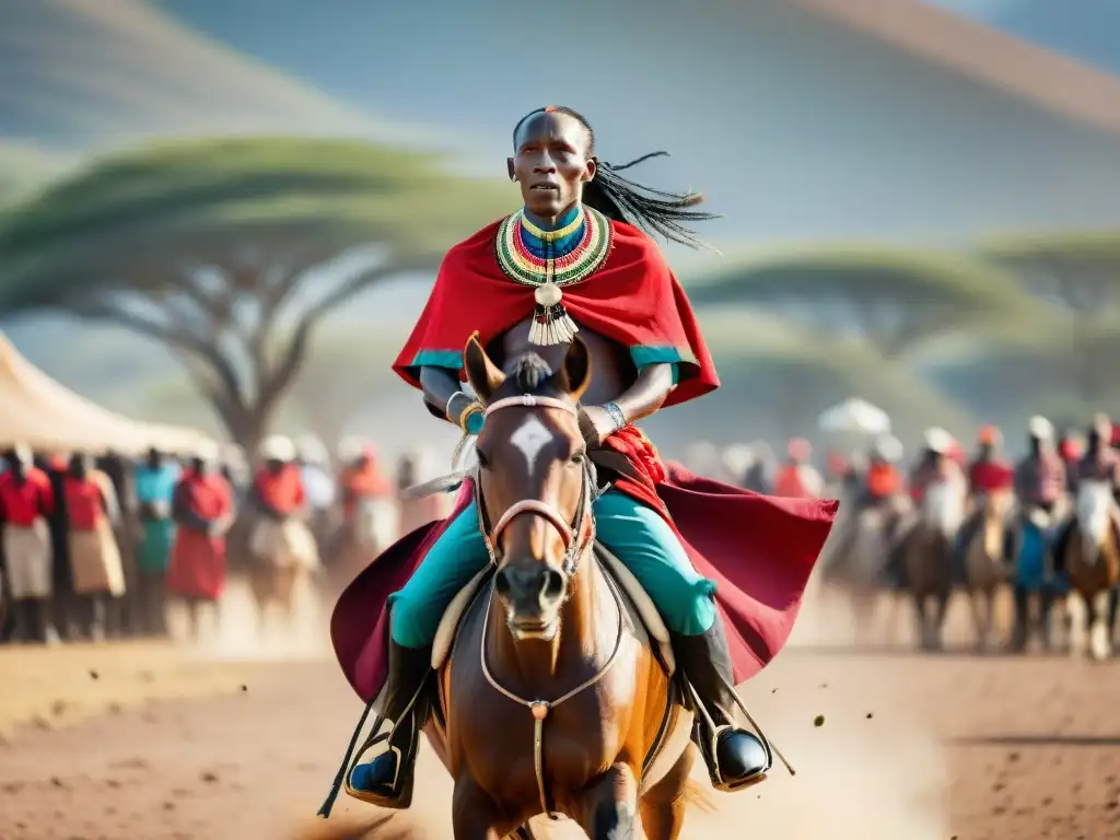 Un guerrero Maasai montando un caballo adornado en una carrera tradicional africana