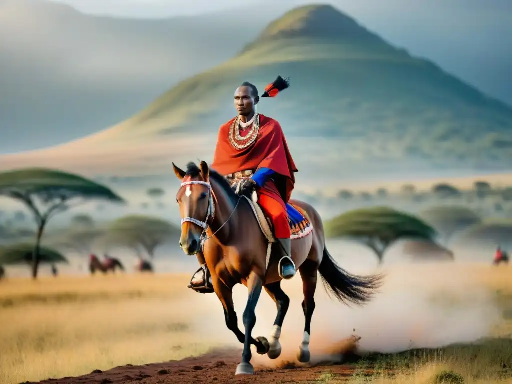 Un guerrero Maasai montando un caballo en la sabana africana, con colores vibrantes y paisaje terroso