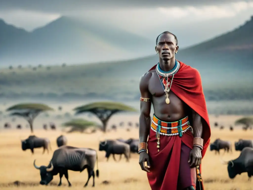 Un guerrero Maasai con joyería colorida y un manto rojo, destaca en la sabana africana