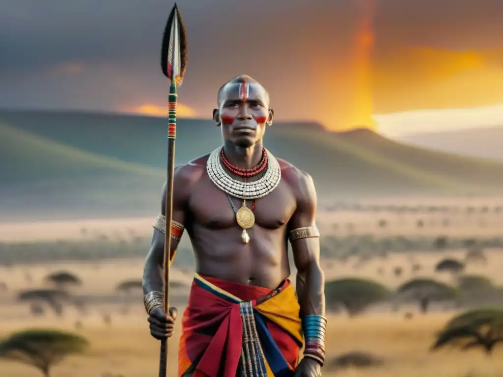 Un guerrero Maasai orgulloso en las llanuras del Serengeti al atardecer, mostrando habilidades ancestrales africanas