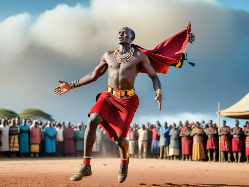 Un guerrero Maasai en pleno salto alto, luciendo su atuendo tradicional en un festival cultural en Kenia