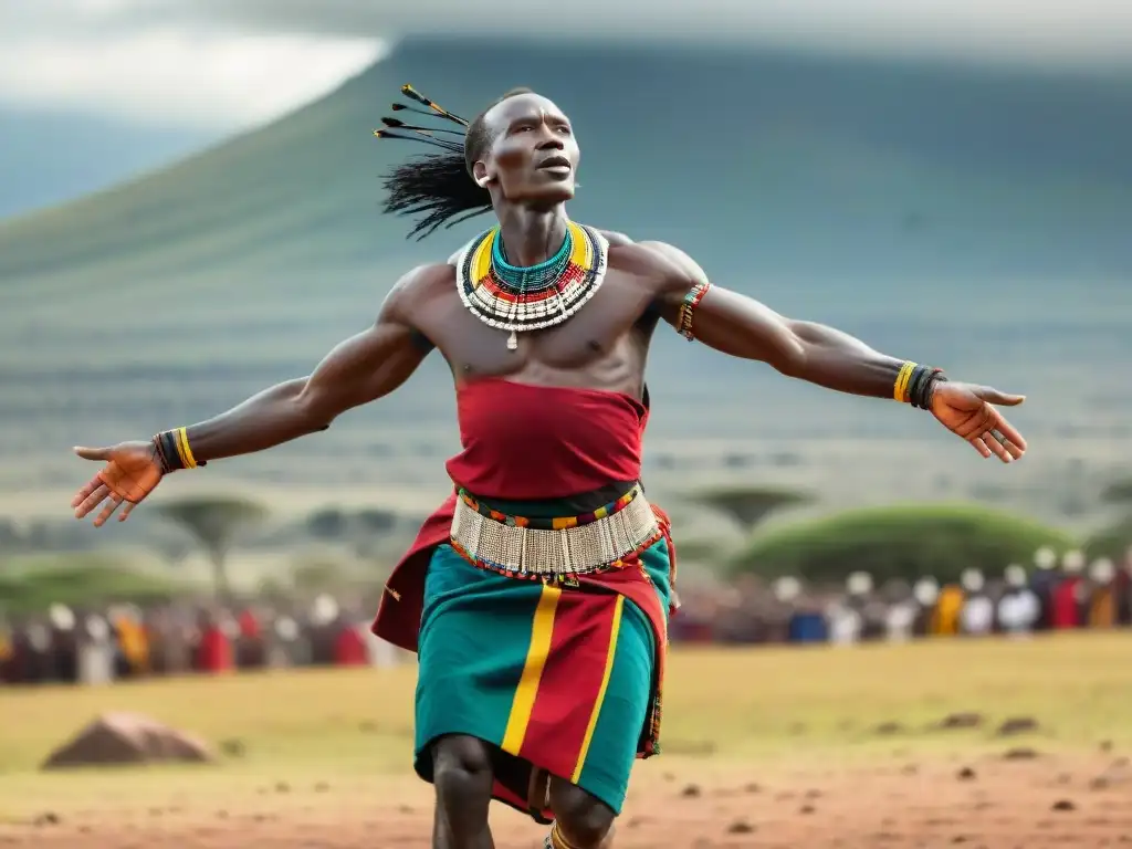 Un guerrero Maasai en un salto alto, en competencia cultural en Kenia