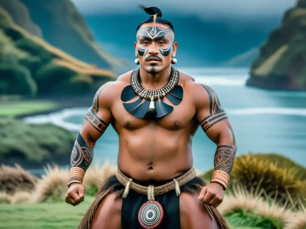 Un guerrero maorí ejecutando el Haka en Nueva Zelanda, con tatuajes faciales y expresión feroz