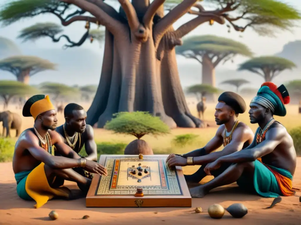 Guerreros africanos juegan estratégico juego bajo baobab en la sabana, reflejando cultura y historia africana