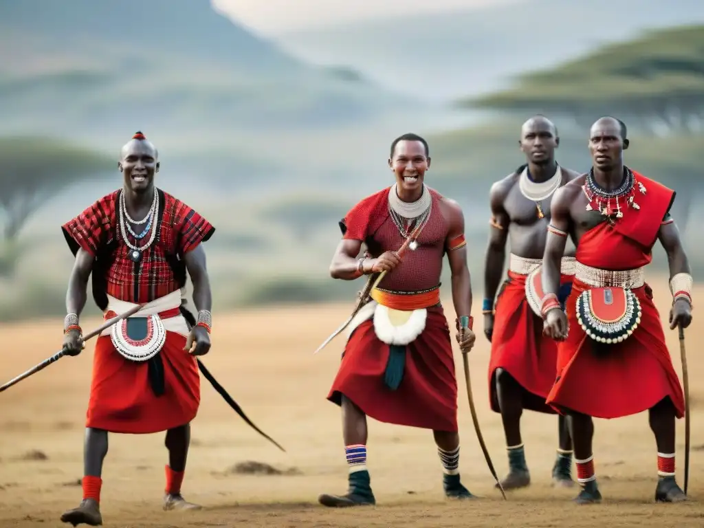 Guerreros Maasai danzan en preparación para combate, mostrando fuerza y cultura en la sabana al atardecer