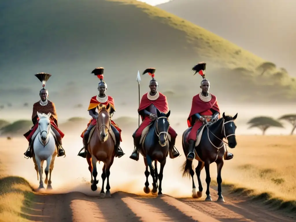 Hábiles guerreros Maasai montando elegantes caballos en la sabana africana