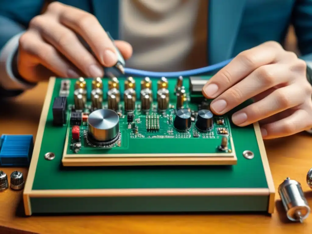 Restauración experta de consola vintage: manos hábiles en acción Hábiles manos restaurando consola de videojuegos vintage con herramientas de precisión en un banco de trabajo
