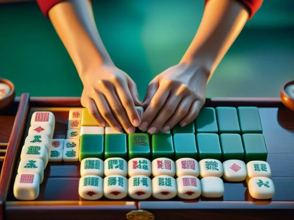 Hábiles manos mezclando fichas de Mahjong en una mesa de madera, capturando la esencia cultural y estratégica del juego