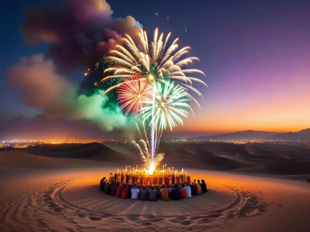 Hábiles pirotécnicos preparan fuegos artificiales en Oriente Medio al atardecer