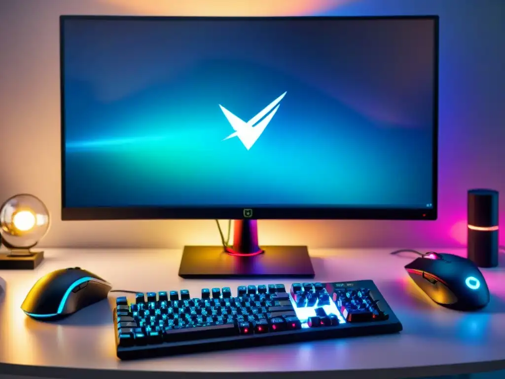 Hardware de gaming con innovación tecnológica: setup futurista con luces RGB, monitor impactante y teclado retroiluminado