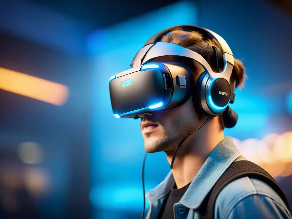 Headset de realidad virtual con tecnología de sonido 3D en videojuegos, iluminado en azul en un mundo digital futurista