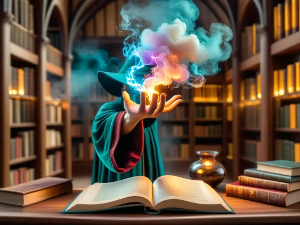 Un hechicero conjura hechizos en una biblioteca mística de Hogwarts Mystery