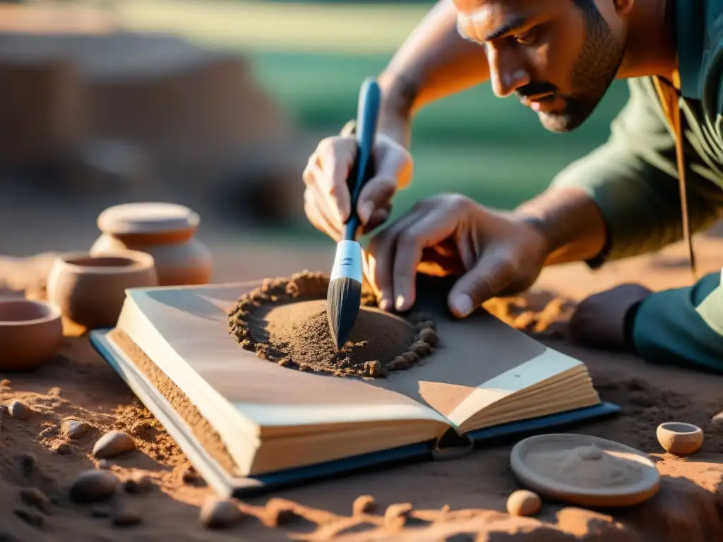 Explorando la historia: arqueólogos excavando artefactos antiguos al atardecer