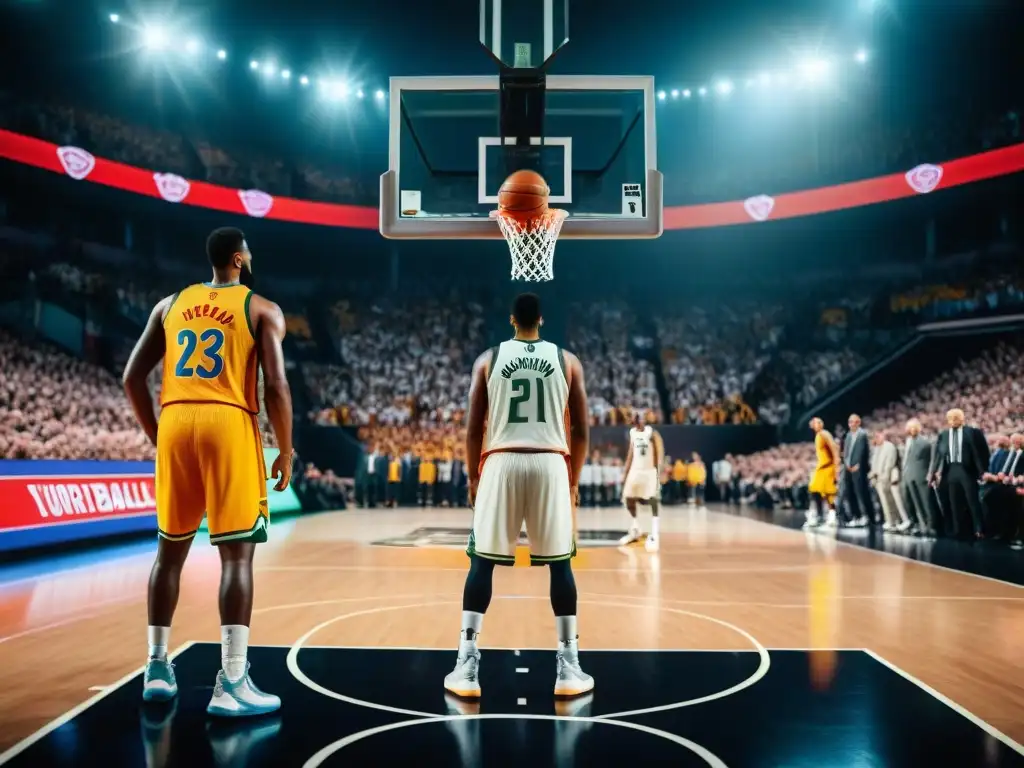 Historia de baloncesto en Europa: evolución global en una imagen de época y modernidad en un partido de la EuroLeague