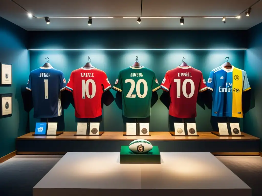 Exhibición de historia: camisetas icónicas de fútbol de diferentes épocas en un museo, iluminadas en penumbra