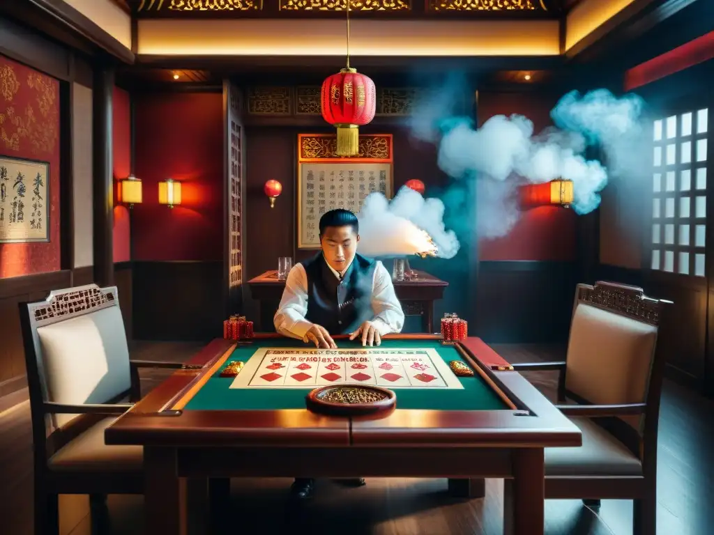 Historia de cartas chinas Pai Gow: Mesa detalladamente decorada en casa de apuestas china tradicional, con jugadores concentrados en penumbra