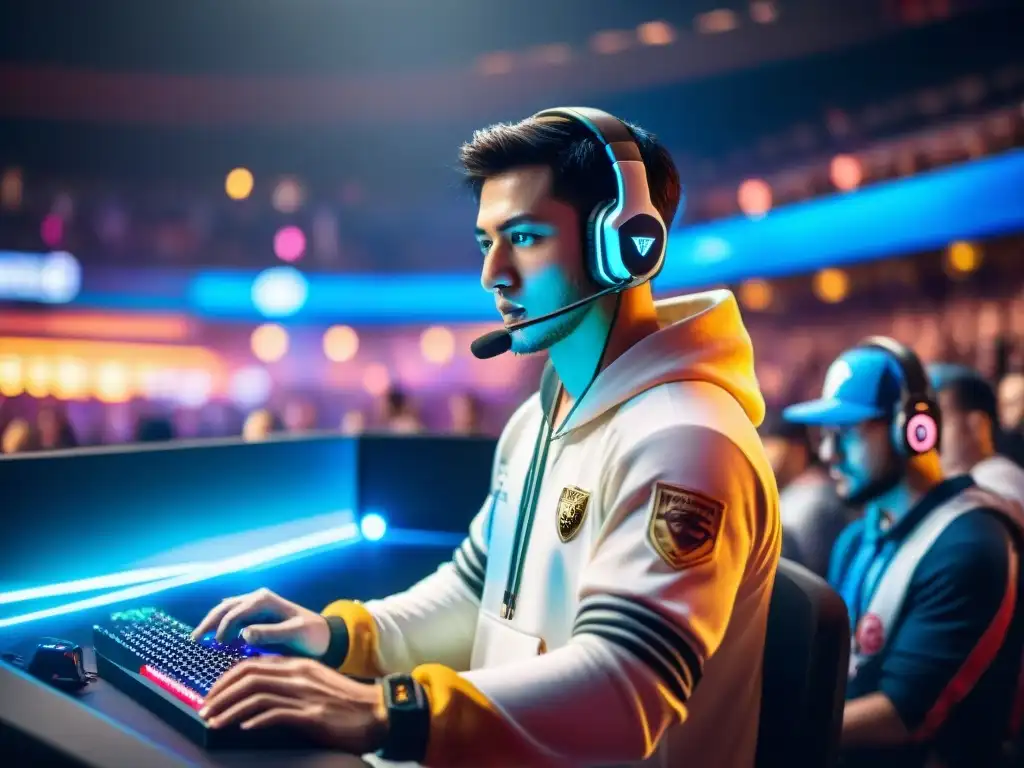 Historia de los deportes electrónicos: Espectáculo épico de eSports en estadio lleno de luces neón y tecnología futurista