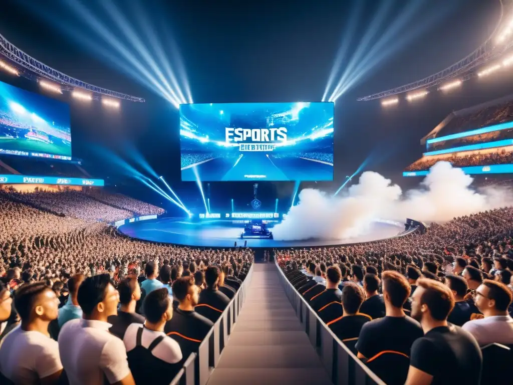 Historia de los deportes electrónicos: Estadio lleno de fans entusiastas en un emocionante partido de esports