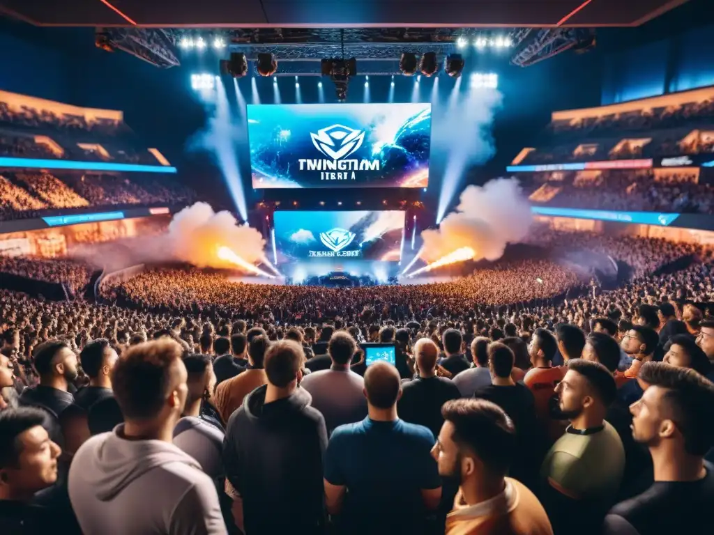 Historia de los deportes electrónicos: Estadio lleno de fans entusiastas viendo una intensa competencia entre gamers profesionales