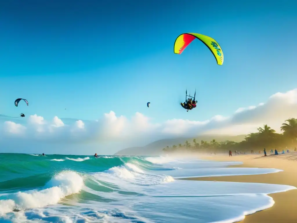 Historia del kitesurf en América Latina: Kitesurfistas expertos surfeando olas con vistosos colores de cometas en una playa latinoamericana