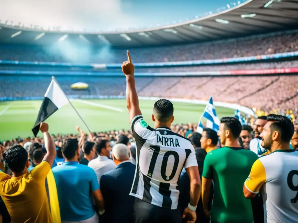 Historia del fútbol en América Latina: Estadio lleno durante un emocionante partido, fans apasionados y banderas ondeando