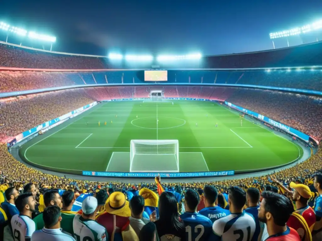 Historia del fútbol en América Latina: Multitud apasionada en estadio lleno durante un partido histórico