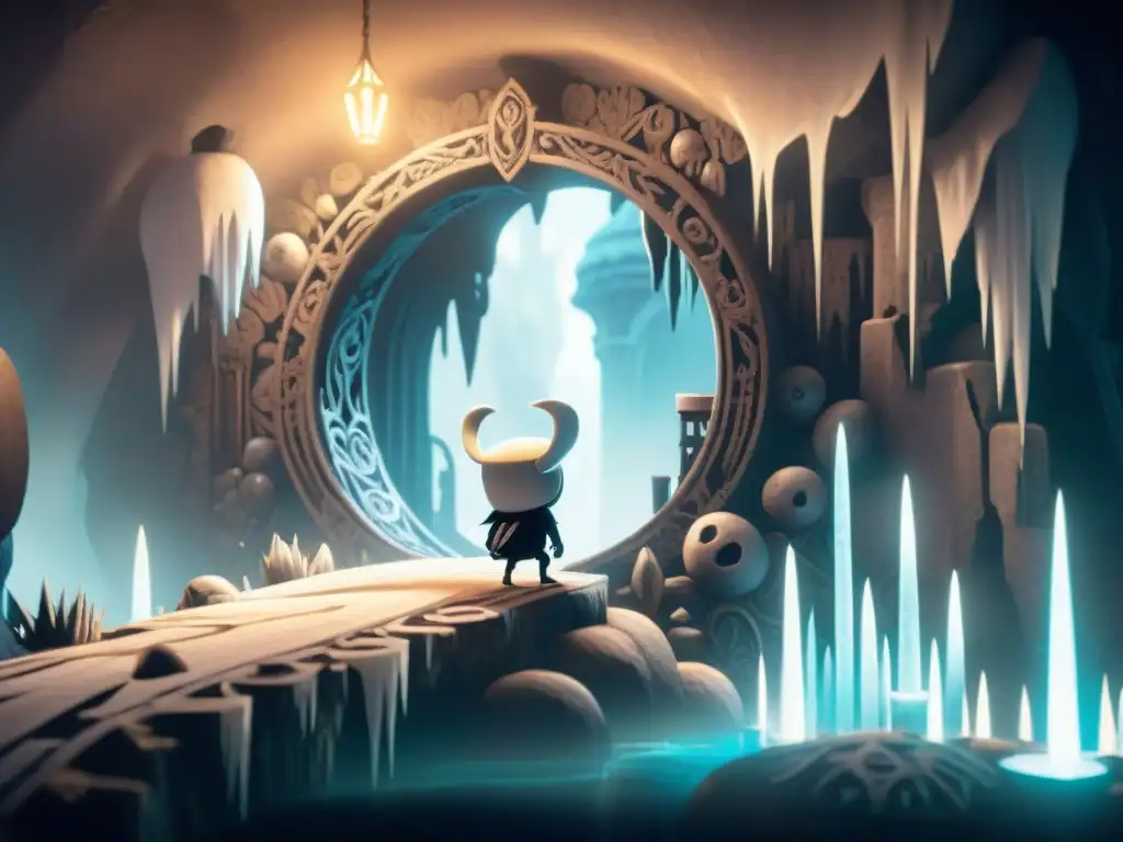 Descubre la historia oculta en las cámaras de Hollow Knight, con antiguas escrituras y artefactos misteriosos iluminados por cristales brillantes