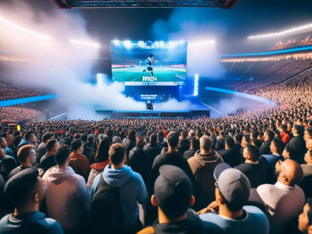 Historia esports evolución pasatiempo profesional: Estadio lleno de fans emocionados viendo un intenso torneo de videojuegos