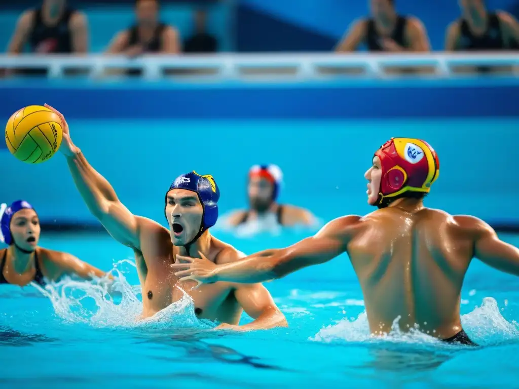 Historia del Polo Acuático Olímpico: Equipo en acción en piscina olímpica, expresiones intensas y energía dinámica del partido capturadas en imagen