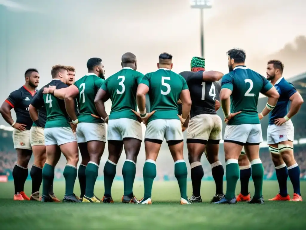 Historia del rugby en culturas: Jugadores de diversas culturas unidos en el campo, mostrando respeto y camaradería