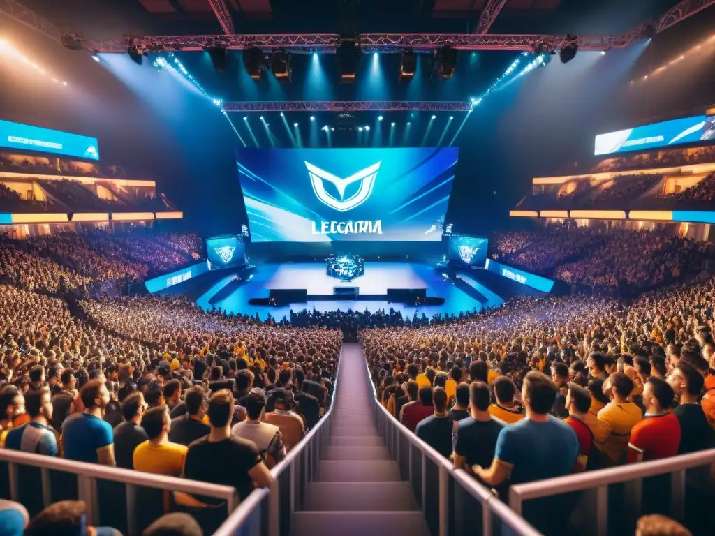 Histórica arena de deportes electrónicos: multitud apasionada, banderas y emoción en competencia de League of Legends