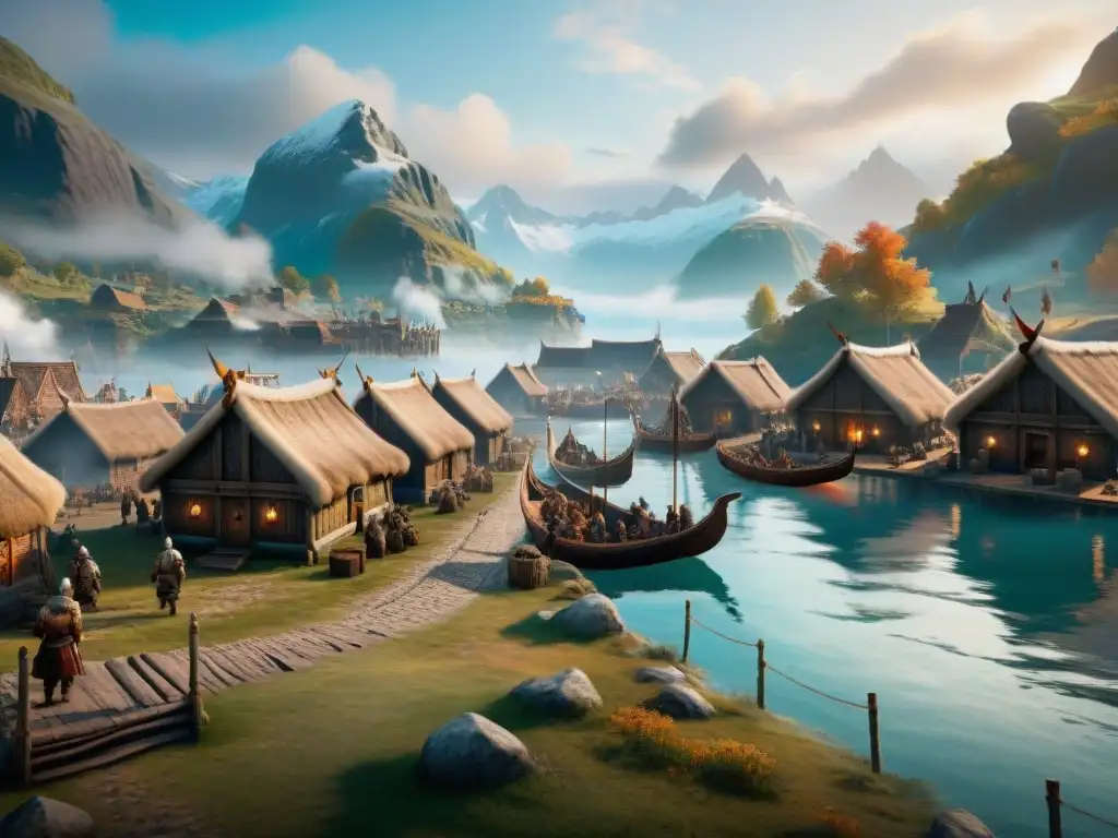 Reconstrucción histórica de Assassin's Creed Valhalla: un bullicioso asentamiento vikingo con longhouses, mercados y guerreros en entrenamiento