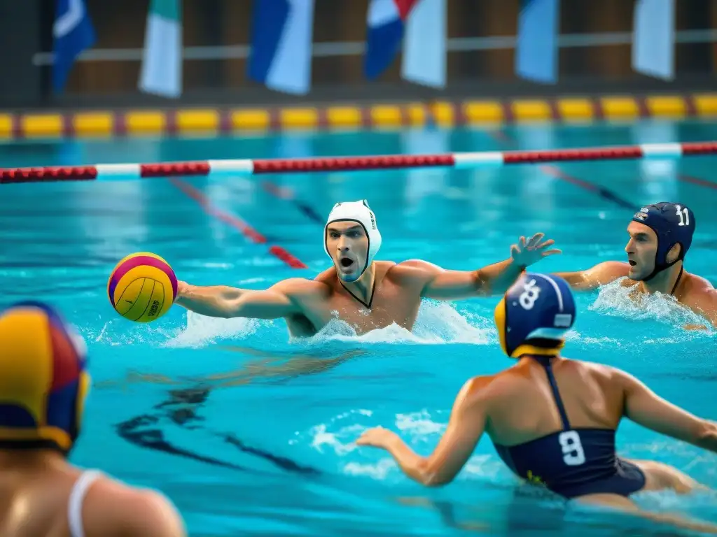 Histórica escena de polo acuático en Europa: vibrante partido en piscina al aire libre con público y banderas nacionales