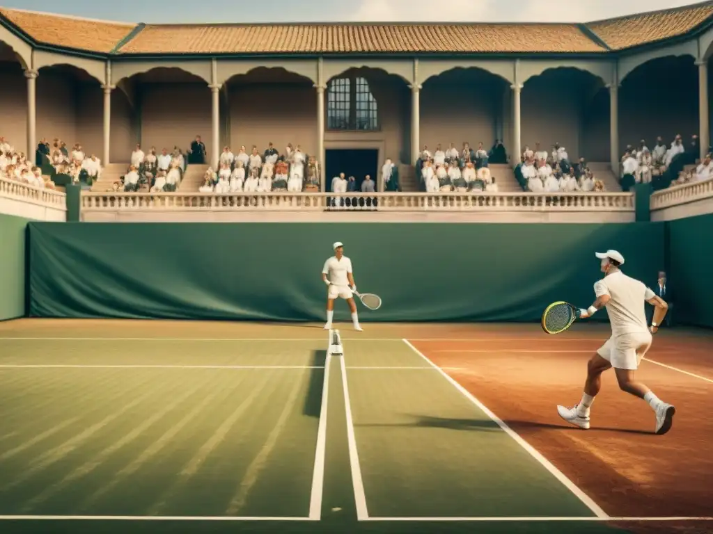 Histórica escena de tenis en la corte real europea, con nobles y arquitectura detallada