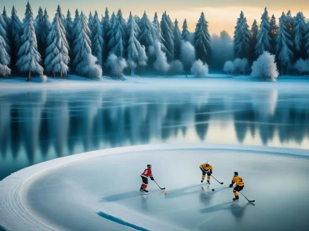 Histórica partida de hockey sobre hielo en lago helado rodeado de árboles nevados