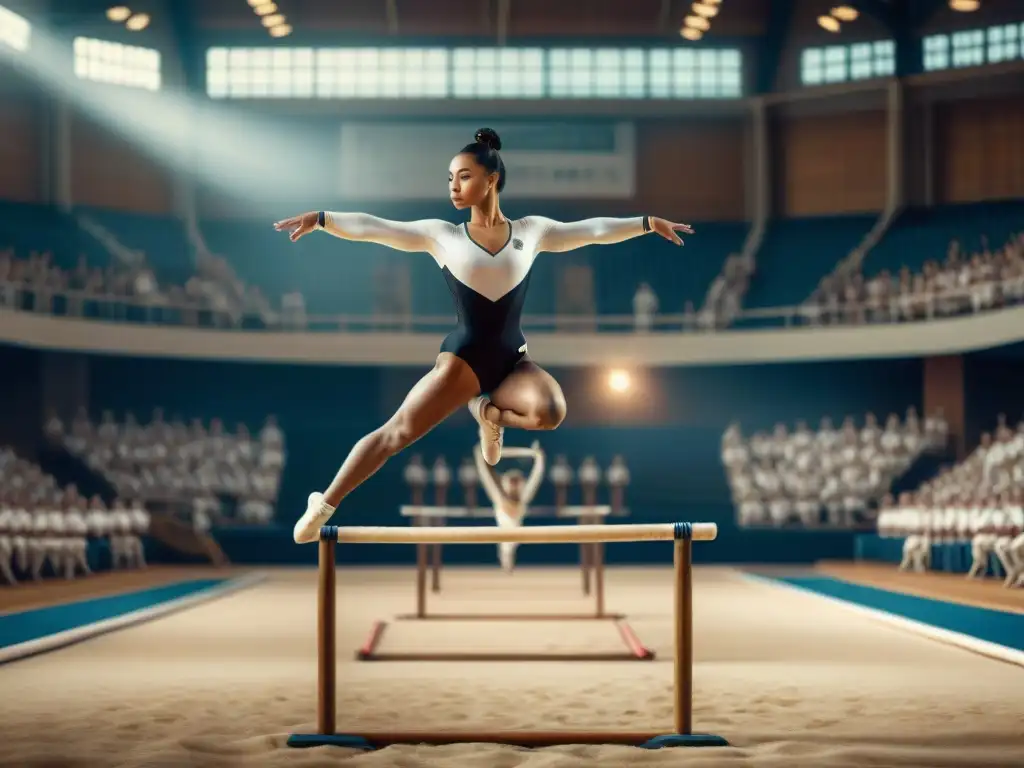 Histórica imagen en blanco y negro de gimnastas de principios de 1900 realizando ejercicios sincronizados en barras paralelas